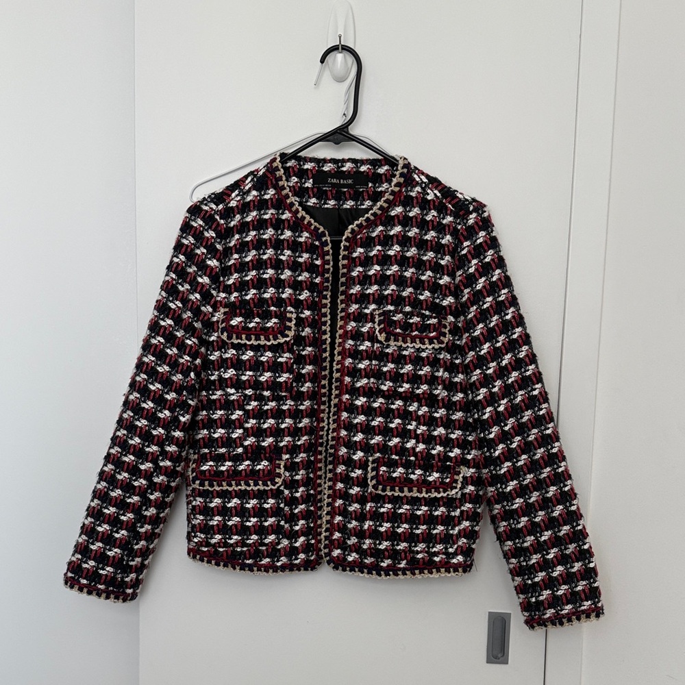 Zara Multicolor Tweed Boucle Blazer Medium red white blue gold